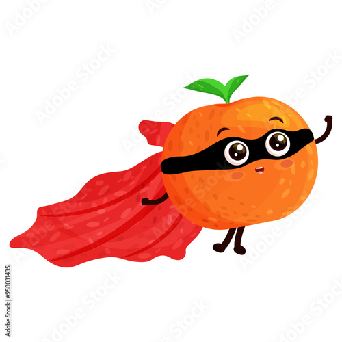 Super hero orange fruit cartoon mascot vector illustration flying and smiling isolated on white background.