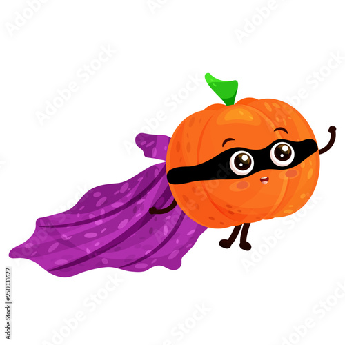Super hero orange pumpkin cartoon mascot vector illustration flying and smiling isolated on white background.