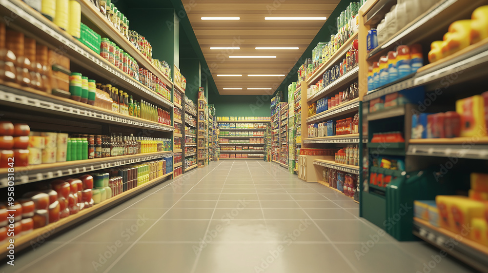 includes shelves filled with various grocery items, bright lighting, and a clean, organized shopping environment includes shelves filled with various grocery items, bright lighting, and a clean, organized shopping environment