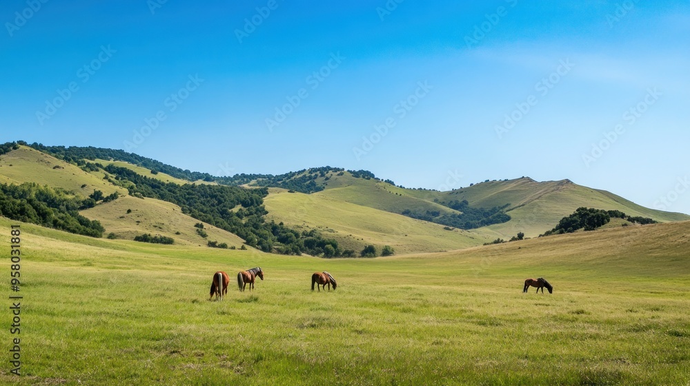 Horses Grazing in a Lush Meadow with Rolling Hills Horses Grazing in a Lush Meadow with Rolling Hills