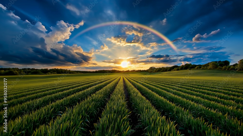 Obraz premium Bright rainbow over a rural landscape after a rainstorm, colorful weather, hope and renewal