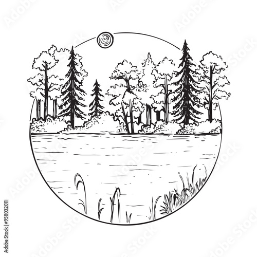 Black and white landscape illustration of lake or river with fir and pine trees with mountains in the background