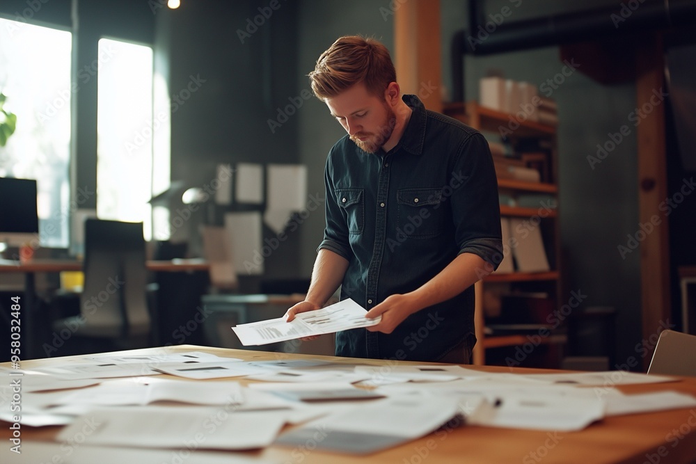 A young man examines documents spread across a desk in a modern, creative office setting, illustrating focused analysis and planning. A young man examines documents spread across a desk in a modern, creative office setting, illustrating focused analysis and planning.