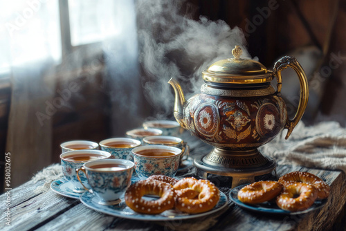 A Russian samovar with cups of hot tea and pretzels on a rustic table. photo