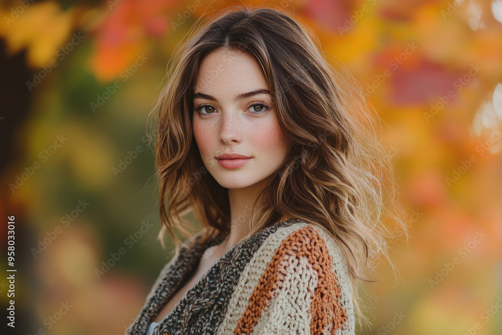 Young, beautiful woman in a crochet cardigan against an autumn backdrop. Young, beautiful woman in a crochet cardigan against an autumn backdrop.