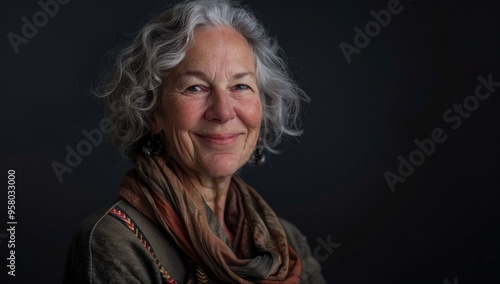 Elderly woman with gray hair, smiling warmly Grace radiant senior woman, her eyes reflecting wisdom and a lifetime of experiences, exuding quiet confidence and elegance.