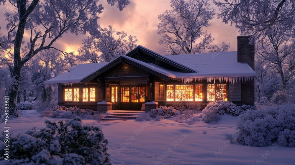 Snow dusted Craftsman house with a warm glow through frosty windows in a tranquil winter evening Snow dusted Craftsman house with a warm glow through frosty windows in a tranquil winter evening