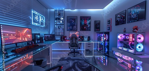 Futuristic gaming room with silver grey RGB lights, glass desk, illuminated decor photo