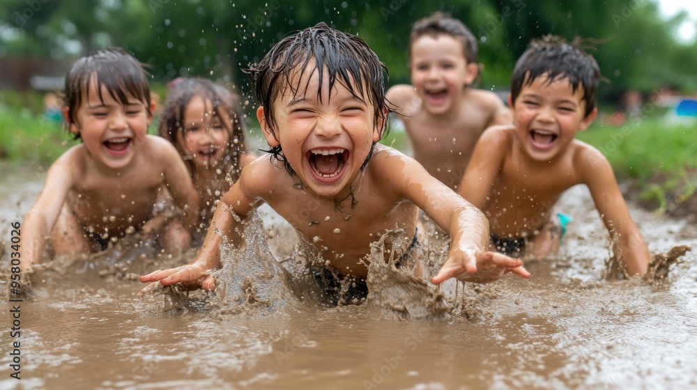 A group of children playing in a muddy puddle together, AI A group of children playing in a muddy puddle together, AI