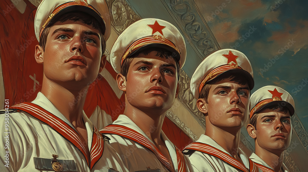 close up four Sailors in working uniforms and hats in a row for United States Navy Birthday. close up four Sailors in working uniforms and hats in a row for United States Navy Birthday.