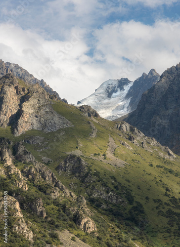 Rugged rocky landscape and snow covered peaks of Ala Archa national park