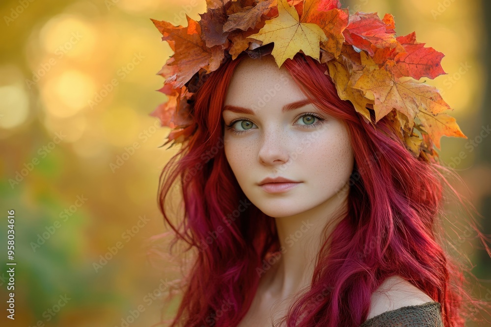 A beautiful young red-haired woman wearing a wreath of autumn leaves on a blurred fall background. A beautiful young red-haired woman wearing a wreath of autumn leaves on a blurred fall background.