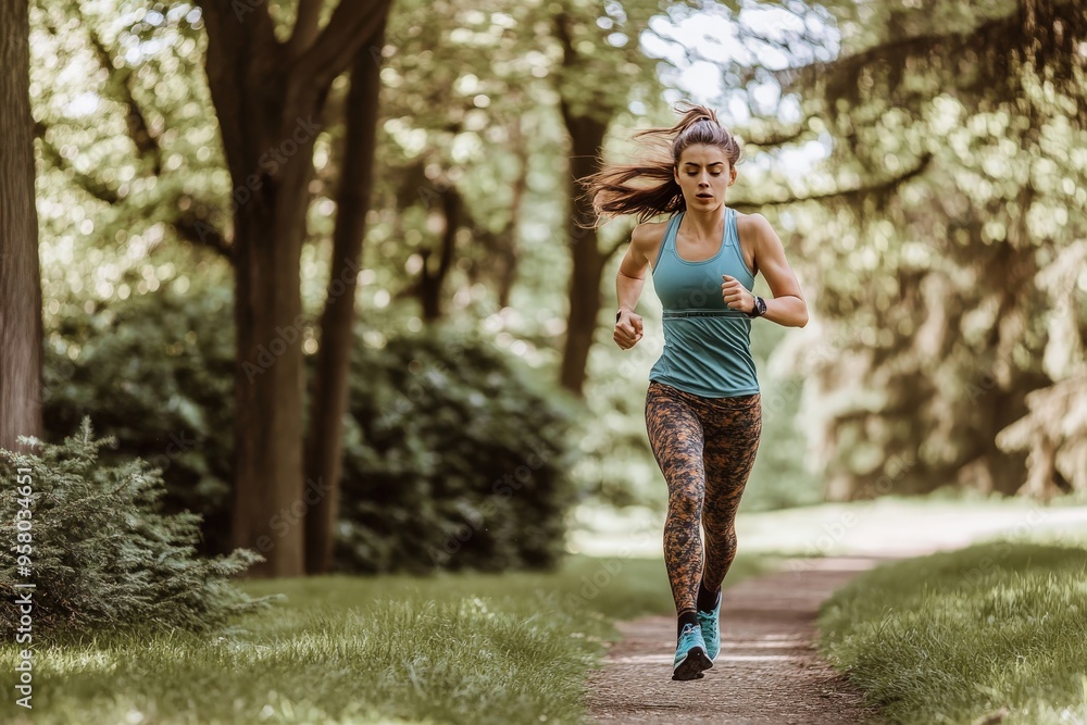 Woman running energetically through a park. Woman running energetically through a park.