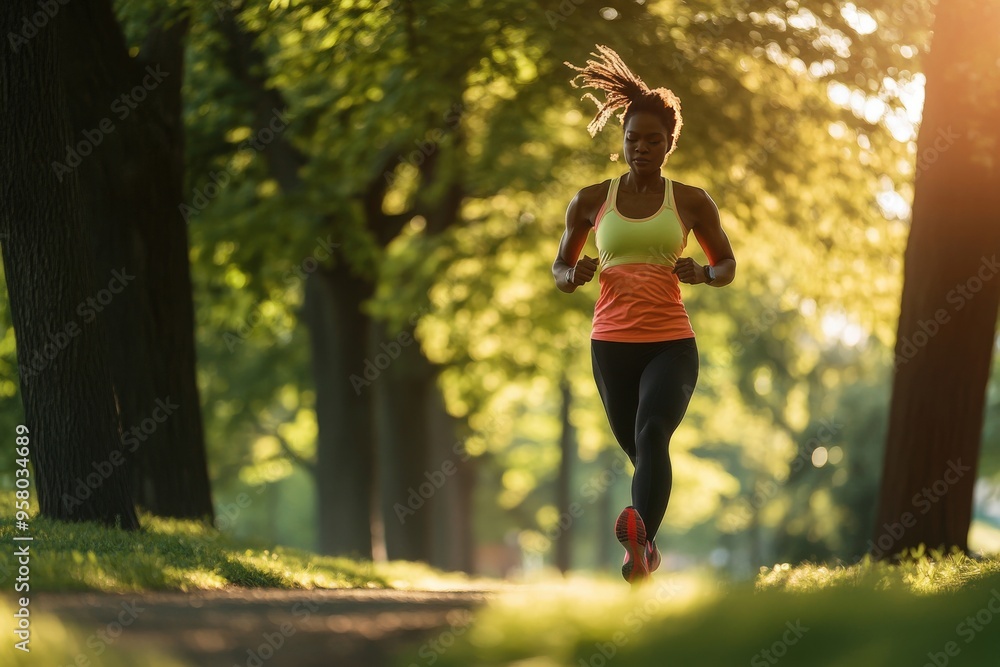 Woman running energetically through a park. Woman running energetically through a park.
