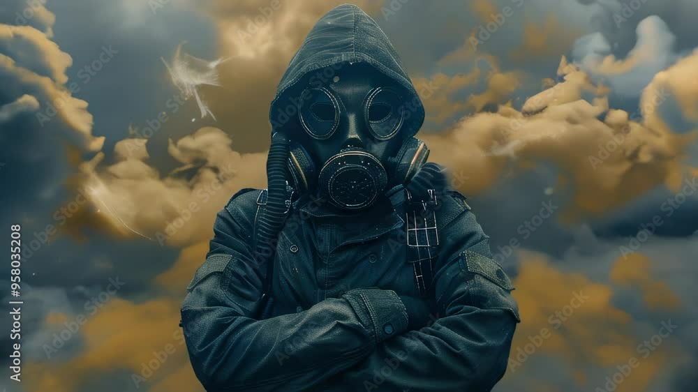 A mysterious figure in a gas mask stands amid billowing clouds, capturing an intense atmosphere in an urban setting A mysterious figure in a gas mask stands amid billowing clouds, capturing an intense atmosphere in an urban setting