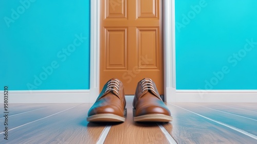 A pair of brown shoes on a wooden floor in front of an open door, AI photo