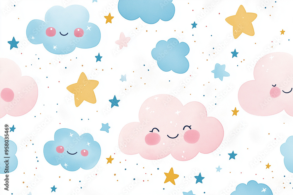 Seamless pattern pastel clouds and stars on a white background Seamless pattern pastel clouds and stars on a white background