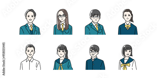 制服を着た学生の上半身イラストセット