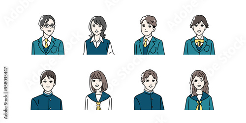 制服を着た学生の上半身イラストセット