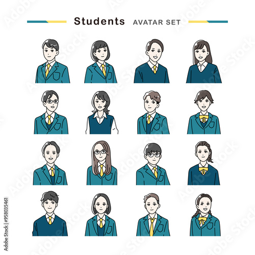 制服を着た笑顔の学生のアバターセット