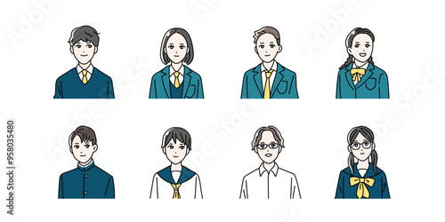 制服を着た学生の上半身イラストセット