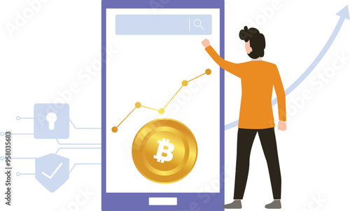 The boy is searching for the bitcoin chart on his mobile phone.