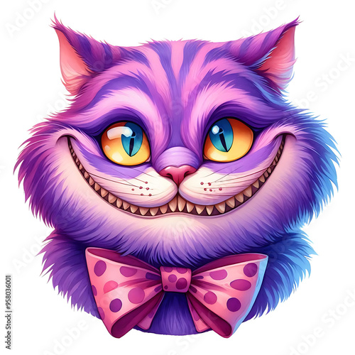 Cheshire Cat’s Purple Grin, watercolor clipart illustration with isolated background