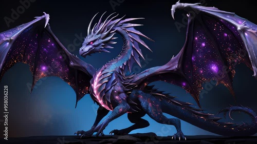 Majestic galaxy dragon posing dramatically against a mystical backdrop in a fantasy landscape