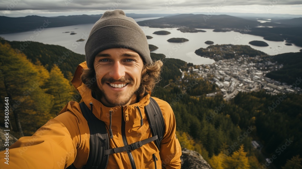 A man in a yellow jacket is smiling and taking a selfie on a mountain A man in a yellow jacket is smiling and taking a selfie on a mountain