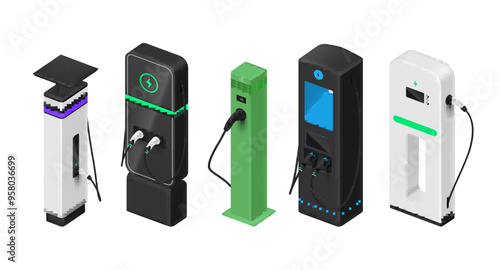 Electric vehicle charging station isometric perspective set realistic vector illustration
