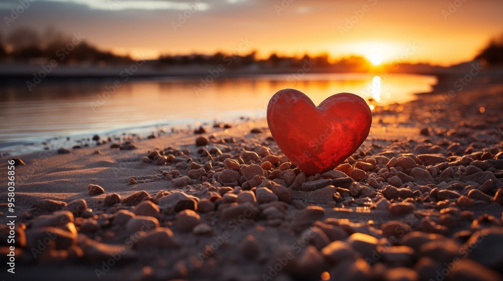 Fototapeta premium A red heart is laying on the beach near the water