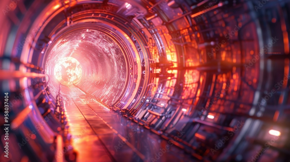 Obraz premium Futuristic Red Tunnel with Glowing Lights - Sci-Fi Background