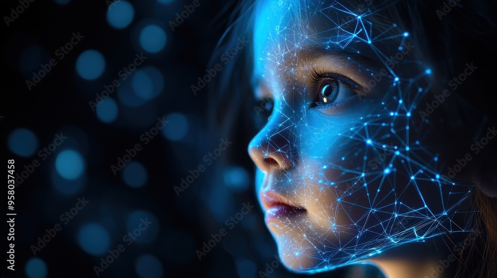 Girl's features highlighted by glowing energy lines symbolizing future Girl's features highlighted by glowing energy lines symbolizing future