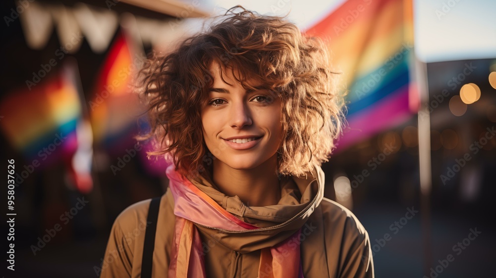 A woman with curly hair is smiling in front of a rainbow flag A woman with curly hair is smiling in front of a rainbow flag
