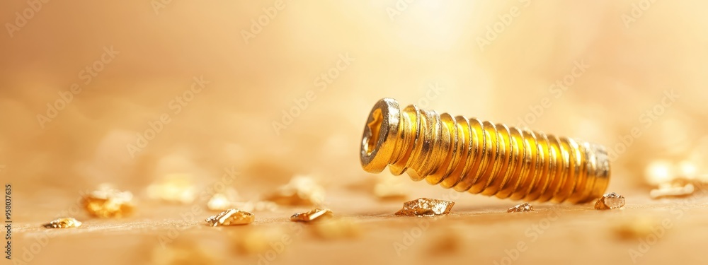 A tight shot of a screw amidst a mound of golden nuggets on a weathered table A tight shot of a screw amidst a mound of golden nuggets on a weathered table