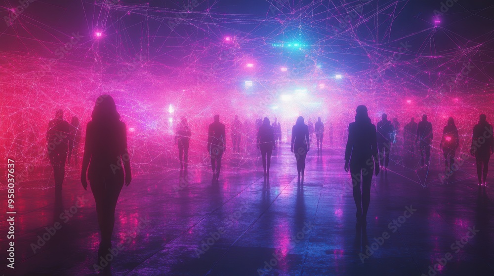 A vibrant night scene with silhouettes of figures immersed in colorful lights and abstract patterns, evoking a dreamlike atmosphere. A vibrant night scene with silhouettes of figures immersed in colorful lights and abstract patterns, evoking a dreamlike atmosphere.