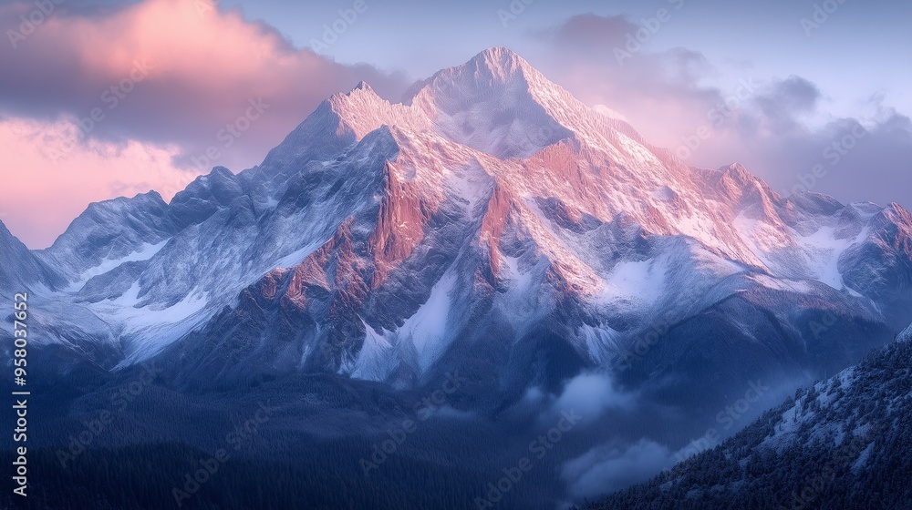 Majestic mountain peaks dusted with fresh snow and bathed in the soft light of dawn Majestic mountain peaks dusted with fresh snow and bathed in the soft light of dawn