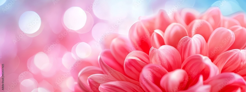 A tight shot of a pink bloom against a backdrop of blue and pink Background includes softly blurred lights A tight shot of a pink bloom against a backdrop of blue and pink Background includes softly blurred lights