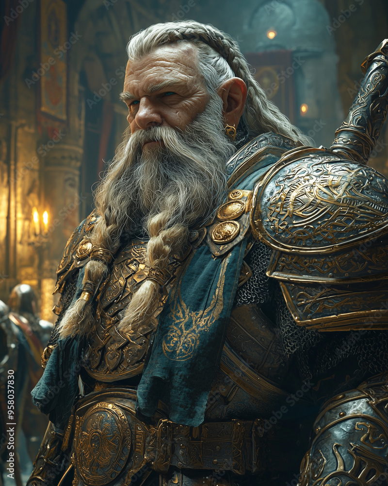 regal dwarven king in ornate armor holding a massive warhammer, standing in his throne room surrounded by loyal subjects regal dwarven king in ornate armor holding a massive warhammer, standing in his throne room surrounded by loyal subjects