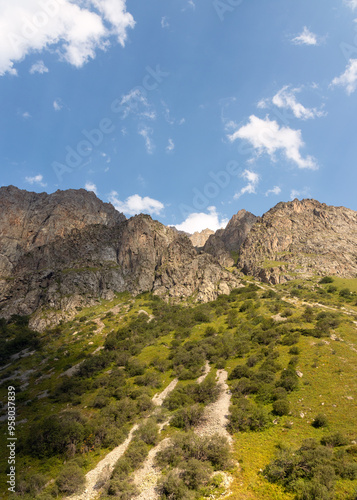 Rugged mountain ridge and vegetation of Ala Archa park landscape photo