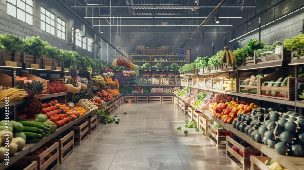 A large space with shelves filled with vegetables or fruit. Vegetable warehouse. Concept of consumerism, food and industry. A large space with shelves filled with vegetables or fruit. Vegetable warehouse. Concept of consumerism, food and industry.