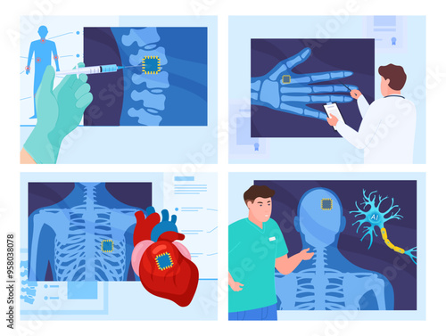 Human microchip implant in spine hand heart brain x ray set vector flat illustration