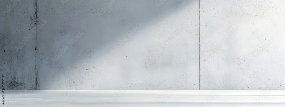 Obraz premium A bare room features a solitary concrete wall, illuminated by a central ceiling light The beam casts a defined patch of brightness onto the floor