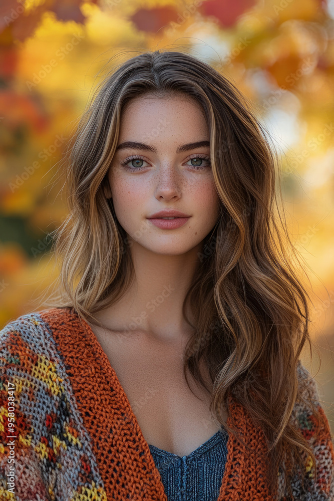 Young, beautiful woman in a crochet cardigan against an autumn backdrop. Young, beautiful woman in a crochet cardigan against an autumn backdrop.