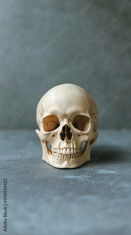 Fototapeta premium A human skull sits on a gray background.