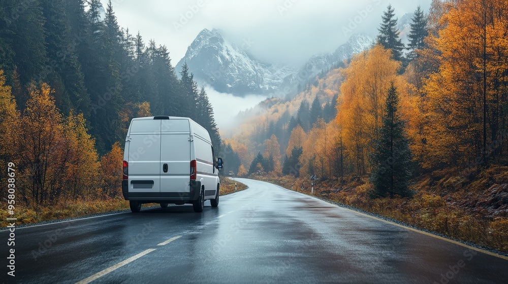 White Van Driving on Wet Road with Autumn Forest and Mountains White Van Driving on Wet Road with Autumn Forest and Mountains