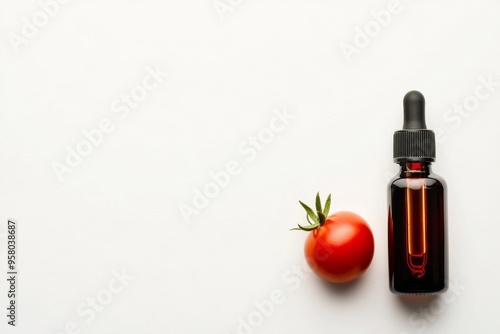 Tomato extract in a dropper bottle with tomato next to it on white background , Generative AI photo