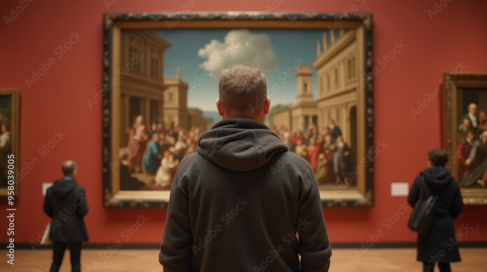 Man admiring renaissance paintings in a historic art museum gallery Man admiring renaissance paintings in a historic art museum gallery