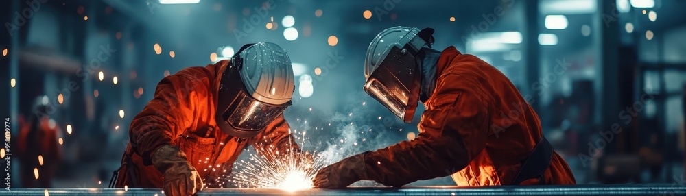 Two skilled workers engage in welding, creating sparks in a well-lit industrial environment, showcasing craftsmanship and teamwork. Two skilled workers engage in welding, creating sparks in a well-lit industrial environment, showcasing craftsmanship and teamwork.