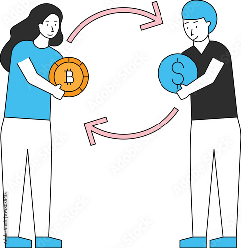 Boy and girl are converting bitcoins into dollars.